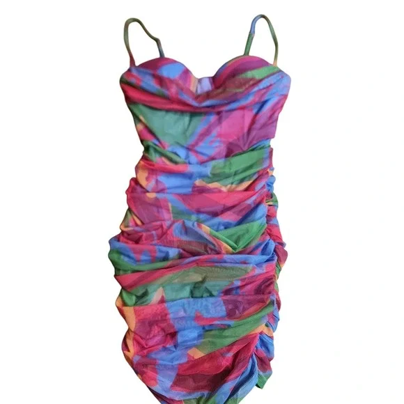 Princess Polly Ruched Mesh Bodycon Mini Dress‎ Abstract Print Strappy - Picture 2 of 9